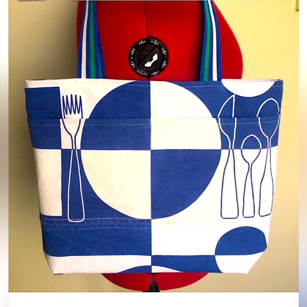 Hand made tote bag, canvas, eclectic picnic theme, white & blue, up-cycled